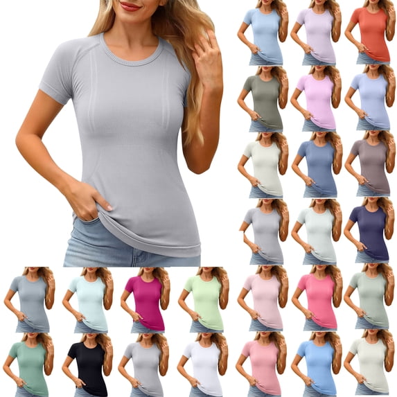 Women's Shirts Seamless Workout Short Sleeve Crew Neck Raglan Sleeve Compression Slim Fit Yoga Athletic Tee Sweat Wicking Base Layer Top for Everyday Layered Outfits