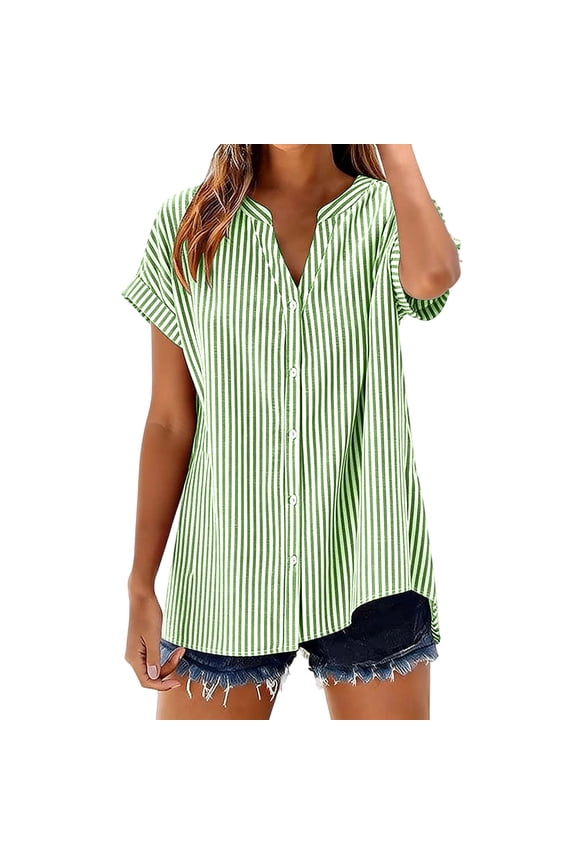 Women's Shirts Short Sleeve Button Up Plus Size Striped V Neck Roll Cuff Loose Top