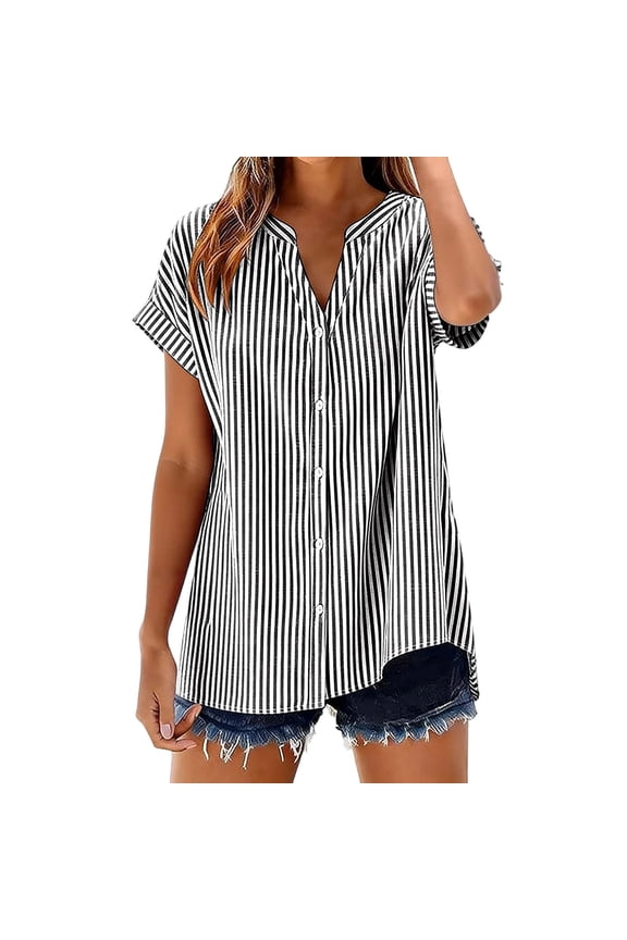 Women's Shirts Short Sleeve Button Up Plus Size Striped V Neck Roll Cuff Loose Top