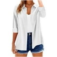 thumbnail image 1 of Women's Shirts Solid Color Turndown Collar Button 3/4 Sleeve V-Neck Casual Loose Blouse Tops White L, 1 of 7