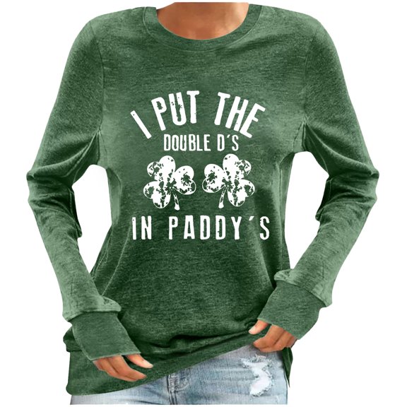 Women's Shirts Spring Casual Solid Colors Blouses Top St. Patrick's Day Print Cotton Blouse Round Neck Long Sleeve Sweatshirts Loose Pullover Shirt Tops