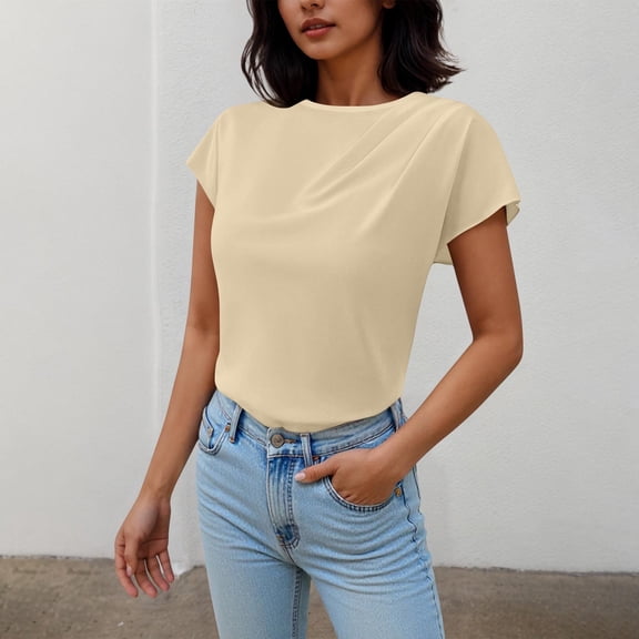 Women's Shirts Spring Tops for Women Women's Solid Color Blouses Short Sleeved Round Neck Pullover Fashionable Top Beige L