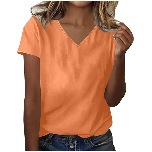 Women's Shirts Summer Casual V Neck Short Sleeve Tops Business Dressy Loose Fit Basic Blouses Solid Color Tee (L, Pink)