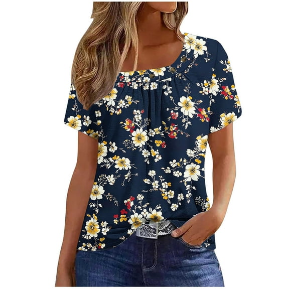 Women's Shirts Summer New Square Collar Short Sleeved T-Shirts Fashion Full Floral Printing Front Pleated Blouses Top Button Casual Loose Pullover Tops