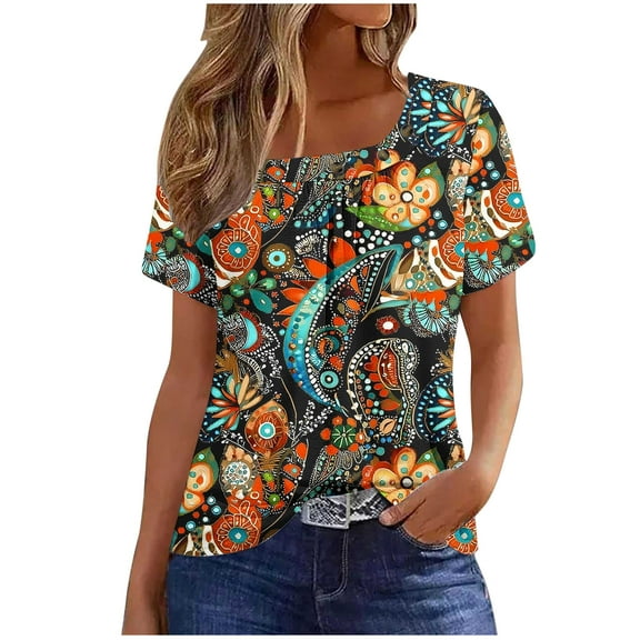 Women's Shirts Summer New Square Collar Short Sleeved T-Shirts Fashion Full Floral Printing Front Pleated Blouses Top Button Casual Loose Pullover Tops