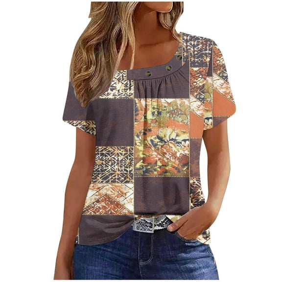 Women's Shirts Summer New Square Collar Short Sleeved T-Shirts Fashion Full Floral Printing Front Pleated Blouses Top Button Casual Loose Pullover Tops
