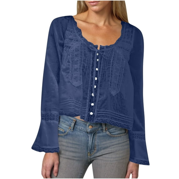 Women's Shirts V Neck Lace Long Sleeve Blouses Solid Color Button Shirt Spring Summer Casual Loose Shirts Navy M