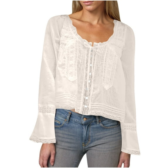 Women's Shirts V Neck Lace Long Sleeve Blouses Solid Color Button Shirt Spring Summer Casual Loose Shirts White M