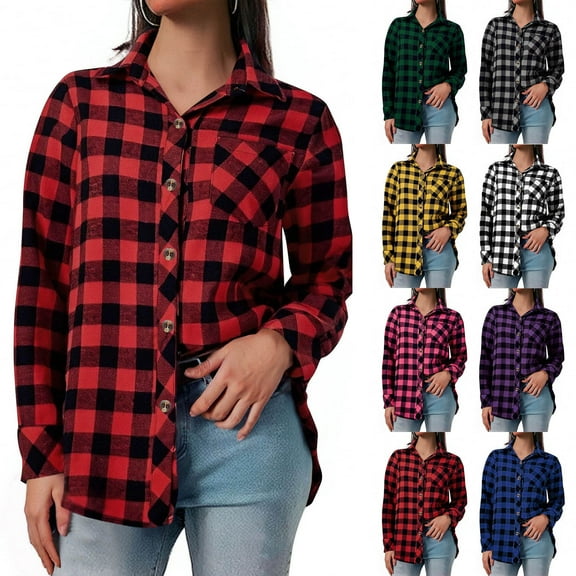 Women's Shirts Winter Button Plaid Up to 65% off,Fashion Women's Winter Long Sleeve Turndown Collar Plaid Regular Tank Tops
