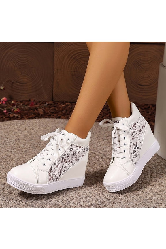 Women's Shoes Platform Hidden Heels Sneakers for Women Lace Crochet Lace Up Chunky Bottom High Heels Shoes (White 6)