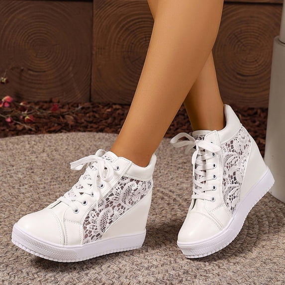 Women's Shoes Platform Hidden Heels Sneakers for Women Lace Crochet Lace Up Chunky Bottom High Heels Shoes (White 7.5)