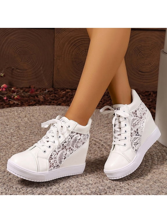 Women's Shoes Platform Hidden Heels Sneakers for Women Lace Crochet Lace Up Chunky Bottom High Heels Shoes (White 8.5)