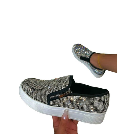 Women's Shoes Rhinestone Loafers Flat Shoes Slip On Zipper WAV