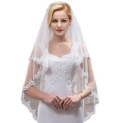Women's Short 2 Tier Tulle Sheer Lace Wedding Bridal Veil with Comb