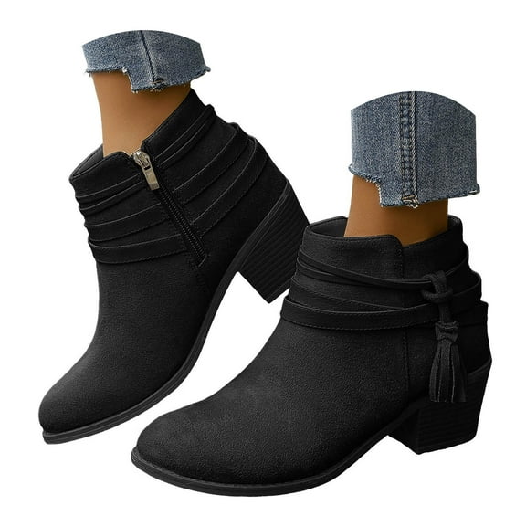 Women's Short Ankle Boots Low Heel Western Chelsea Dressy Slip on Booties Fall Winter Office Work Shoes