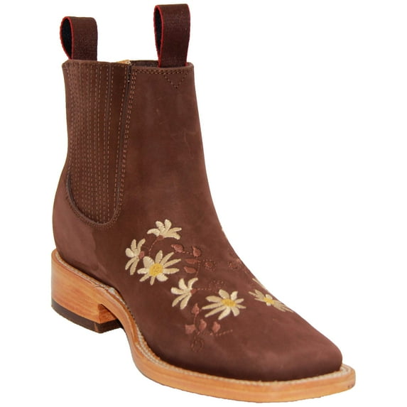 Women’s Short Ankle Brown Leather Boot, Floral Ankle Bootie, Low Heel
