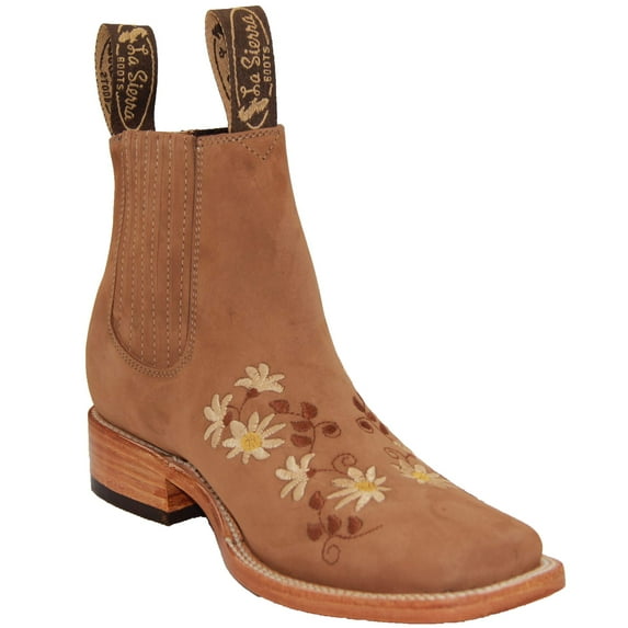 Women’s Short Ankle Brown Leather Boot, Floral Ankle Bootie, Low Heel