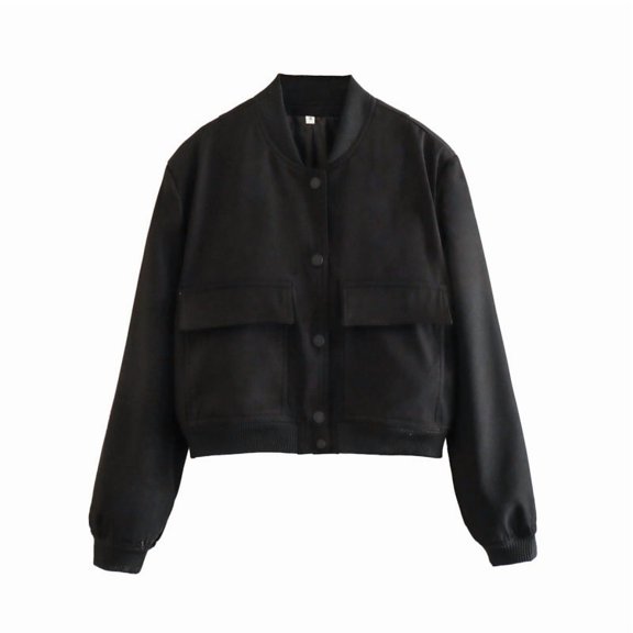 Women’s Short Bomber Jacket with Stand Collar – Button-Up Baseball Jacket, Lightweight Casual Shirt Jacket with Pockets