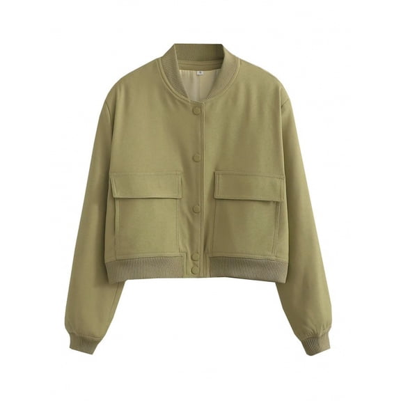 Women’s Short Bomber Jacket with Stand Collar – Button-Up Baseball Jacket, Lightweight Casual Shirt Jacket with Pockets