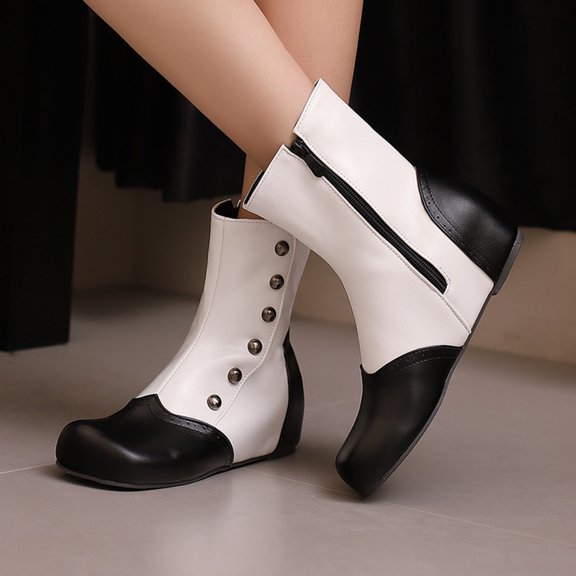 Women's Short Boots With Decoration Color Blocking Thick Heel High Heels Side Zipper And Ankle Boots And Winter Fashion Boots