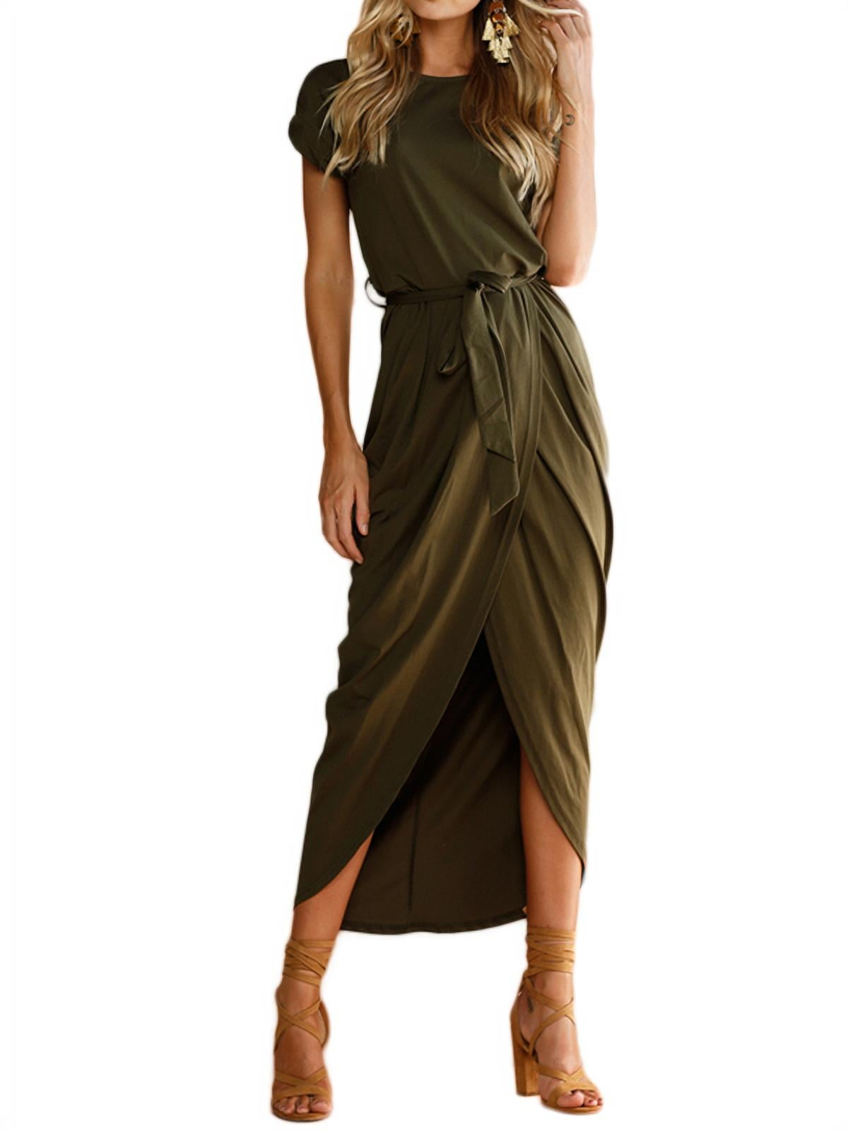 Women's Short Cap Sleeve Plain Dress Front Slit Summer Long Maxi Dress
