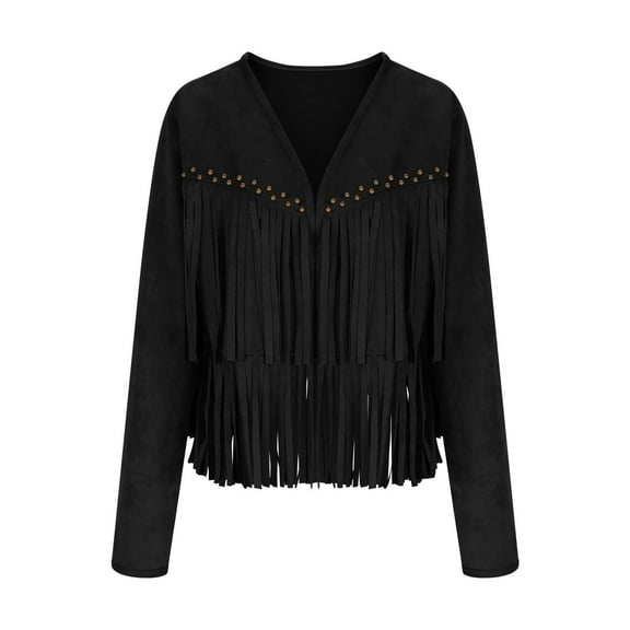 Women's Short Cardigan Solid Color Deerskin Fringe Jacket for Fall , Unique Fringe Detail Open Front Sweater for Casual Style,Black,2XL