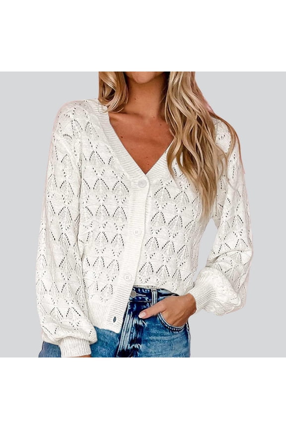 Women's Short Cardigan Sweater Long Sleeved Crochet Knit Shrugged Cardigan V Neck Button Womens Cardigan Sweaters for Fall Extra Long Sweater plus Size Cardigan Open Back Sweater for Women Womens