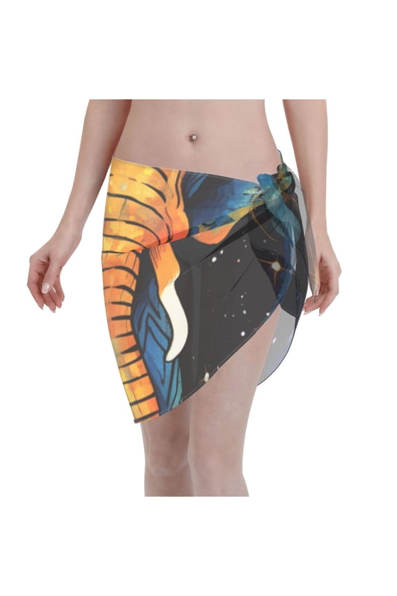 Women's Short Chiffon Sarong Beach Swimsuit Wrap Sexy Semi-Sheer Bikini Cover Up, Elephant Indian Psychedelic Starry