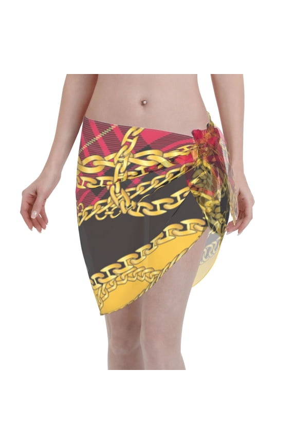 Women's Short Chiffon Sarong Beach Swimsuit Wrap Sexy Semi-Sheer Bikini Cover Up, Gold Chains Leopard Snake Skin Scottish Tartan