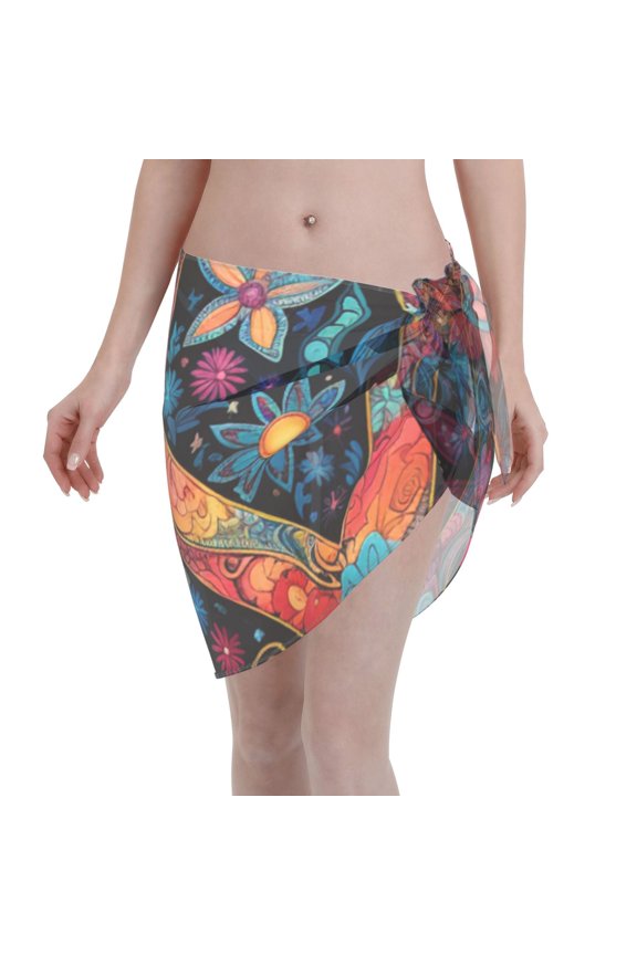Women's Short Chiffon Sarong Beach Swimsuit Wrap Sexy Semi-Sheer Bikini Cover Up, Peace Sign Hippy Art