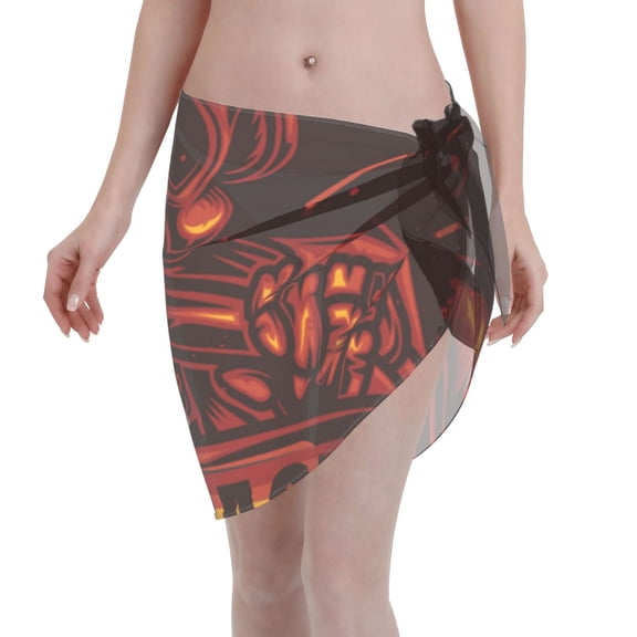 Women's Short Chiffon Sarong Beach Swimsuit Wrap Sexy Semi-Sheer Bikini Cover Up, Skull Crazy Racer Gothic Vintage