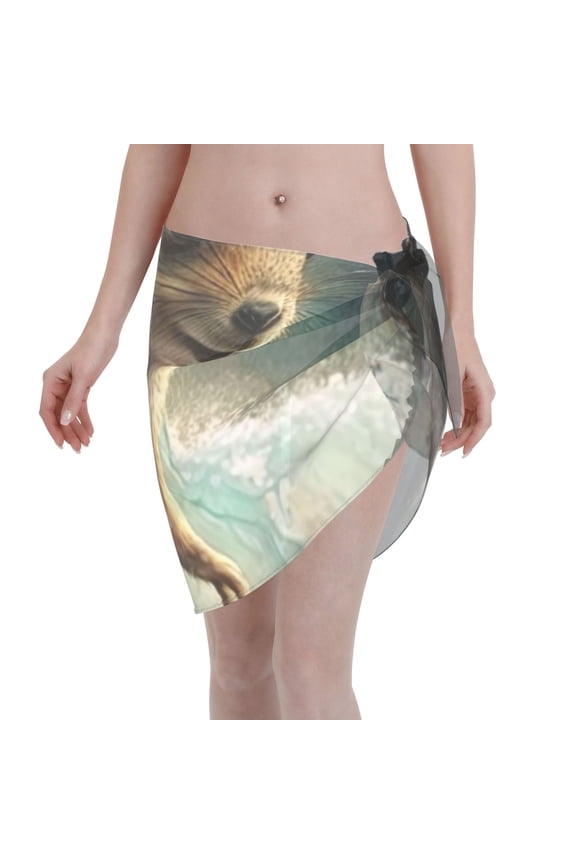 Women's Short Chiffon Sarong Beach Swimsuit Wrap Sexy Semi-Sheer Bikini Cover Up, Squirrel Surf Funny
