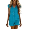 thumbnail image 1 of Women's Short Cuffed Sleeve Utility Rompers Elastic Waist Button Down Cotton Pocketed Jumpsuit Blue XL(XL), 1 of 6