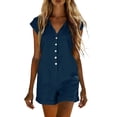thumbnail image 1 of Women's Short Cuffed Sleeve Utility Rompers Elastic Waist Button Down Cotton Pocketed Jumpsuit Navy L(L), 1 of 7