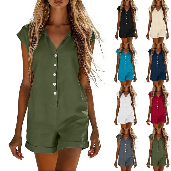 Women's Short Cuffed Sleeve Utility Rompers Elastic Waist Button Down Cotton Pocketed Jumpsuit White XL(XL)