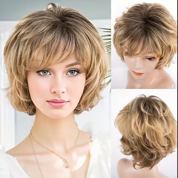 Women's Short Curly Blonde Synthetic Wig with Side Part Bangs