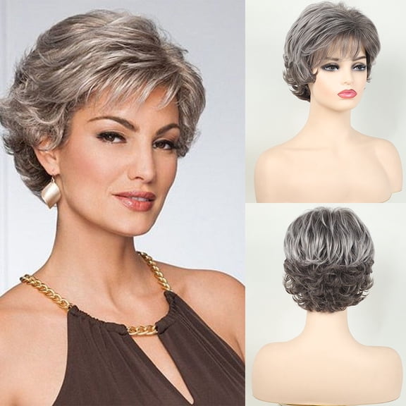 Women's Short Curly Gray Synthetic Wig with Side Part Bangs