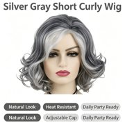 Women s Short Curly Synthetic Wig, Silver Gray with Grey Edges, High Temperature Fiber Wig with Adjustable Cap