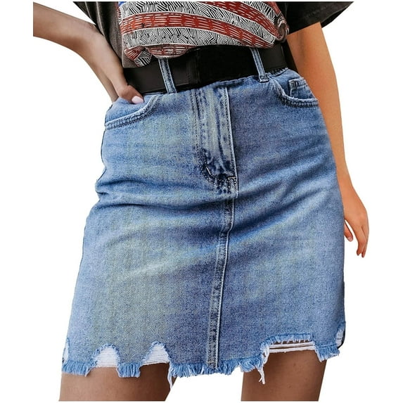 Women's Short Denim Jean Skirt for Juniors Girl Mini Dresses High-Waisted A-Line Ripped Skirt with Zipper Pockets Casual Skinny Blue