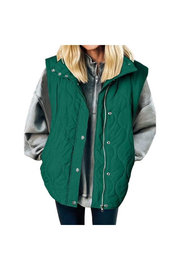 Women's Short Down Vest Light Quilted Stand Collar Sleeveless Jacket Autumn and Winter Button Zipper Coat