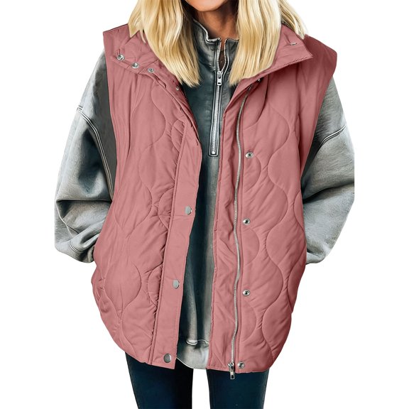 Women's Short Down Vest Light Quilted Stand Collar Sleeveless Jacket Autumn and Winter Button Zipper Coat