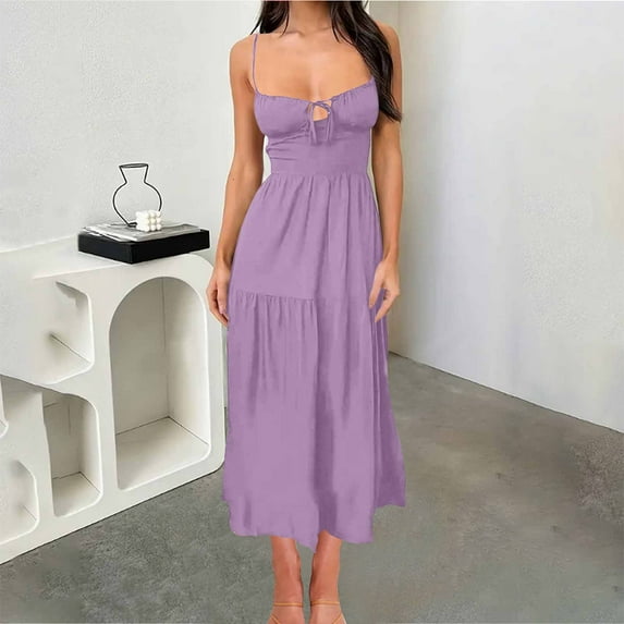 Women's Short Dresses Red Under $10 Summer Solid Color Fashion Casual Sexy Fold Tie Camis Sleeveless Round Neck Dress