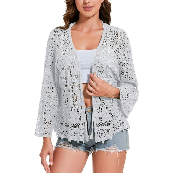 Women's Short Embroidered Lace Duster Crop Cardigan with Half Sleeves- One Size Fits Most, Gray