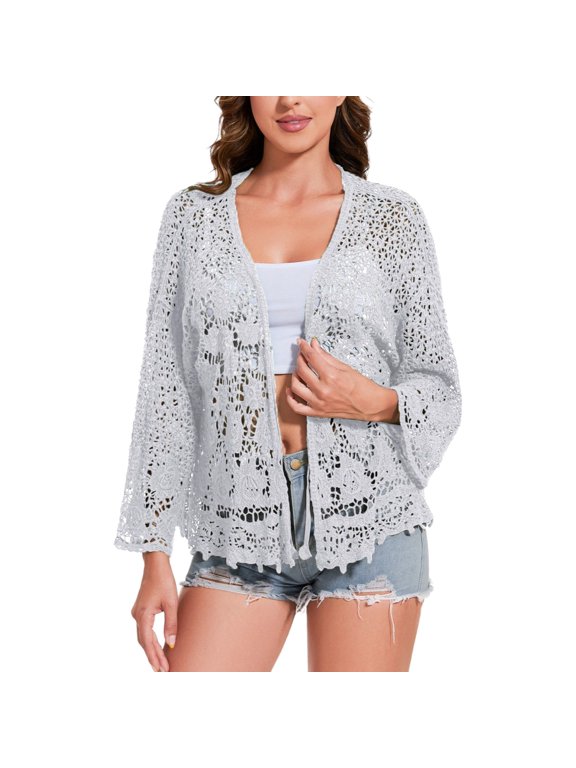 Women's Short Embroidered Lace Duster Crop Cardigan with Half Sleeves- One Size Fits Most, Gray