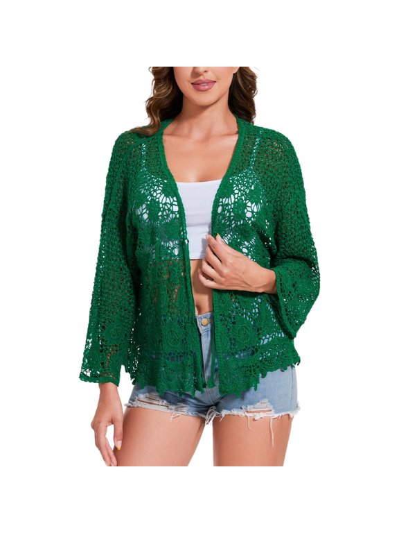 Women's Short Embroidered Lace Duster Crop Cardigan with Half Sleeves- One Size Fits Most, Green