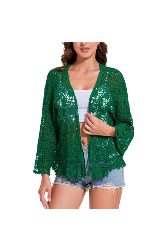 Women's Short Embroidered Lace Duster Crop Cardigan with Half Sleeves- One Size Fits Most, Green