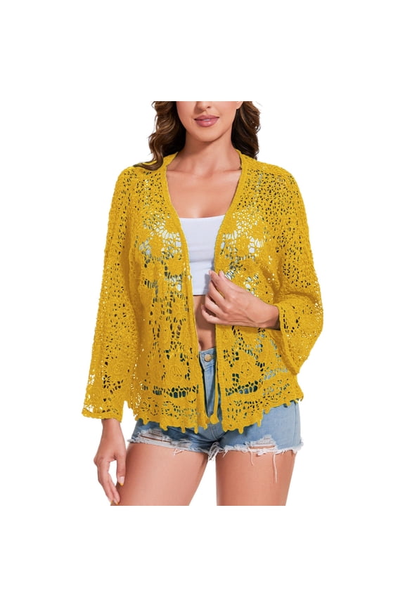 Women's Short Embroidered Lace Duster Crop Cardigan with Half Sleeves- One Size Fits Most, Yellow