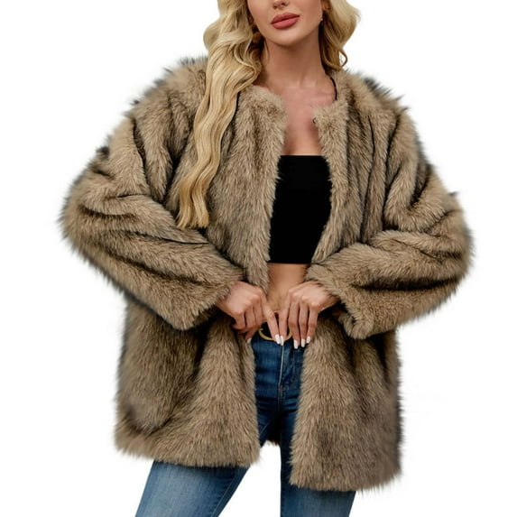 Women's Short Faux Fur Jacket Casual Solid-Color Open Front Outerwea Warm Winter Coats Khaki 3XL