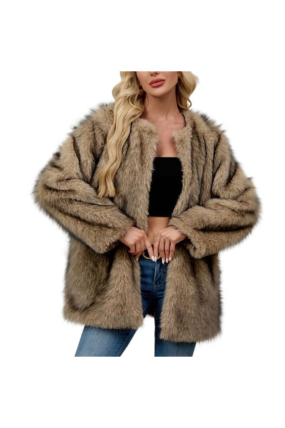 Women's Short Faux Fur Jacket Casual Solid-Color Open Front Outerwea Warm Winter Coats Khaki S