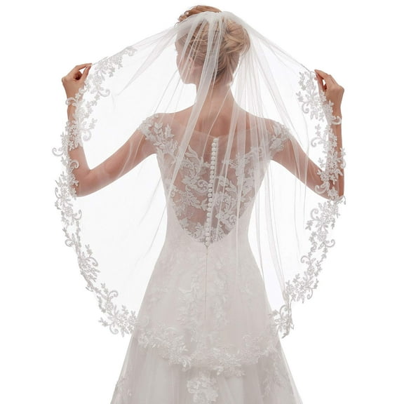 Women's Short Fingertip Length 1 Tier Lace Ivory Wedding Bridal Veil with Metal Comb